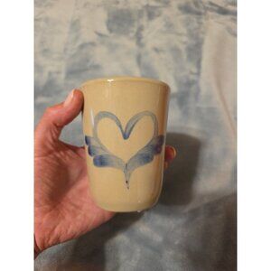 VTG Studio Pottery Blue‎ Heart Cottage French Farmhouse Decor Brush Holder 4"